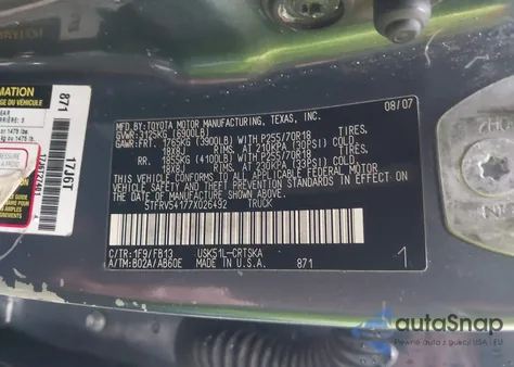 2007 Toyota Tundra Sr5 V8 from USA, damaged, VIN 5TFRV54177X026492